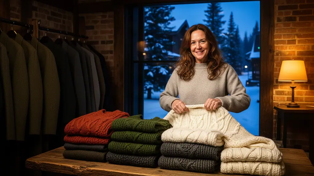A boutique owner folding chunky knit sweaters at a big wooden table on a snowy winter evening.